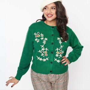 Unique Vintage Tulip Brand Green & Multicolor Button Floral Holiday Cardigan L